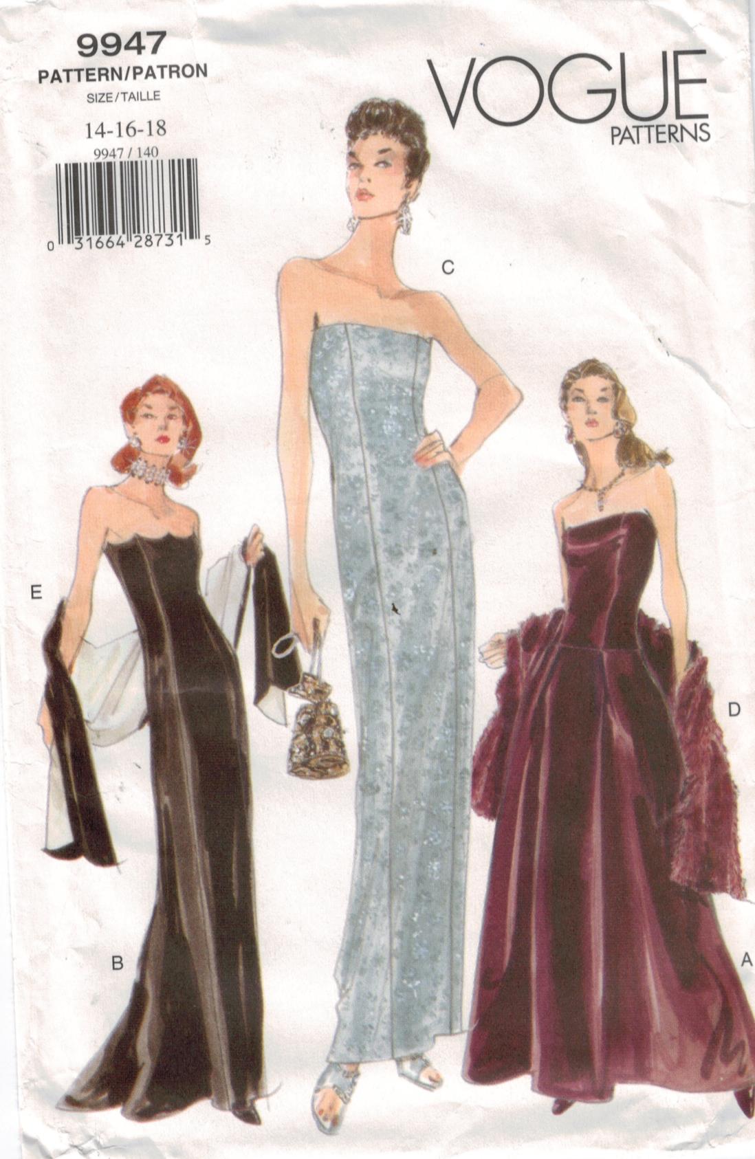 Vogue Pattern 9947 Misses Full Length formal gowns with stole Sizes 14, 16,  18  Sewing Pattern Heaven