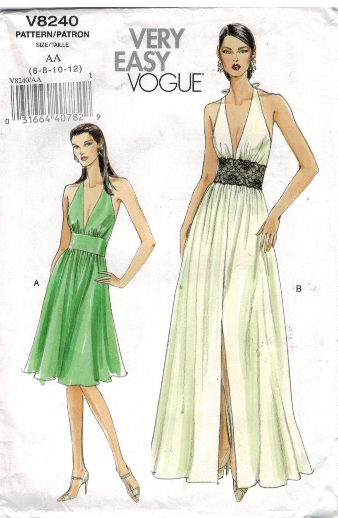 Vogue Pattern 8240 Very Easy Halter Dress and Full length Gown for Misses  sizes 6, 8, 10 and 12  Sewing Pattern Heaven