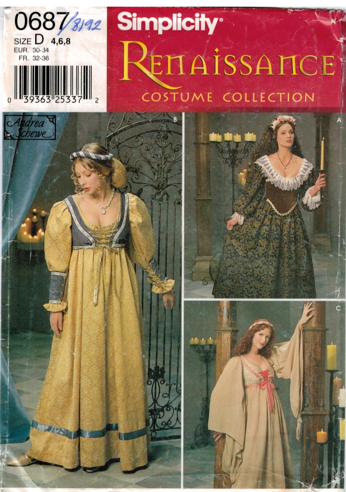Simplicity Pattern 8192 Renaissance Historical Costume Collection for Misses by designer Andrea Schewe, size 4, 6, 8 Sewing Pattern Heaven Simplicity Pattern 8192 Renaissance Historical Costume Collection for Misses by designer Andrea Schewe, size 4, 6, 8 Sewing Pattern Heaven